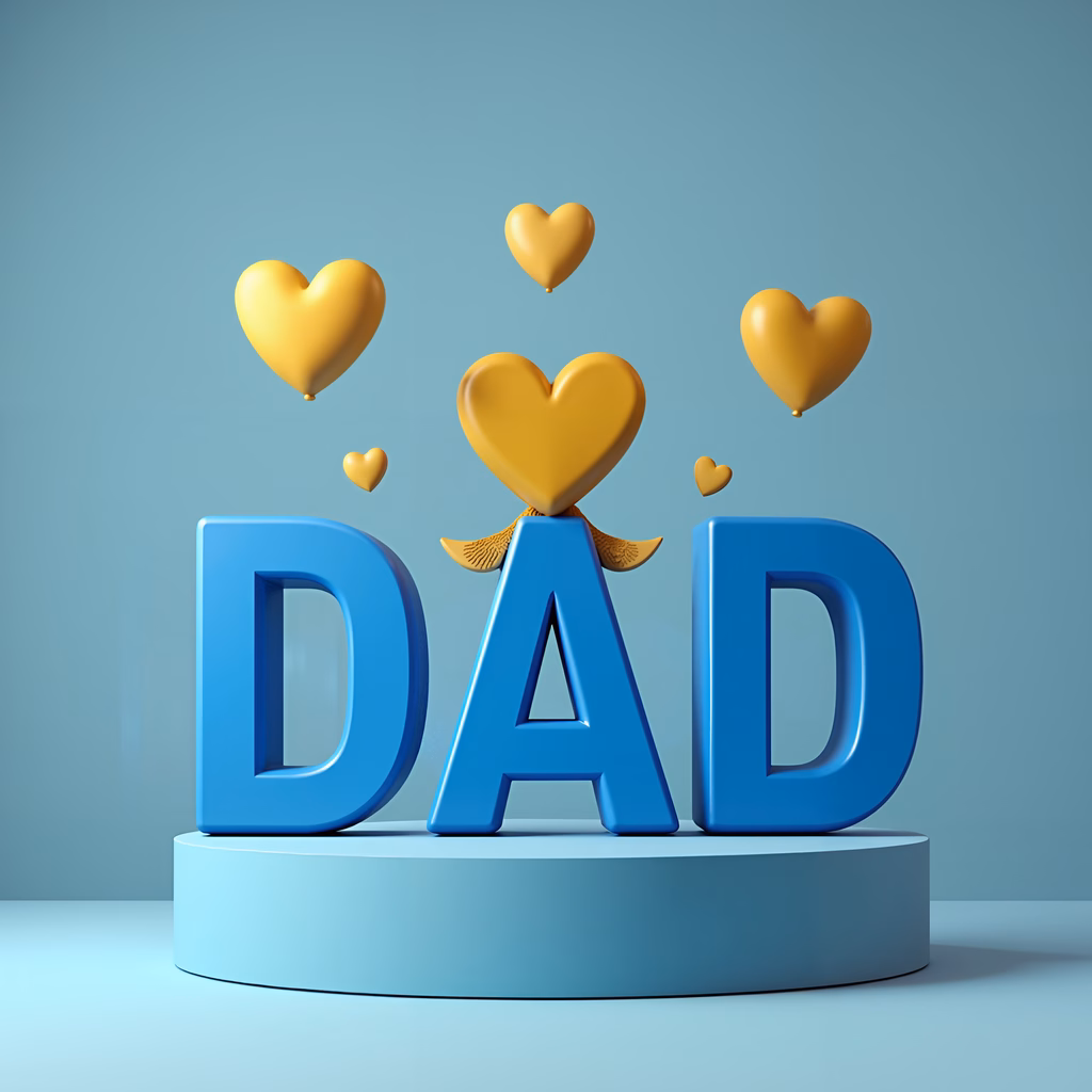 Bold blue 'DAD' with golden hearts on a soft blue background, celebrating fatherhood.
