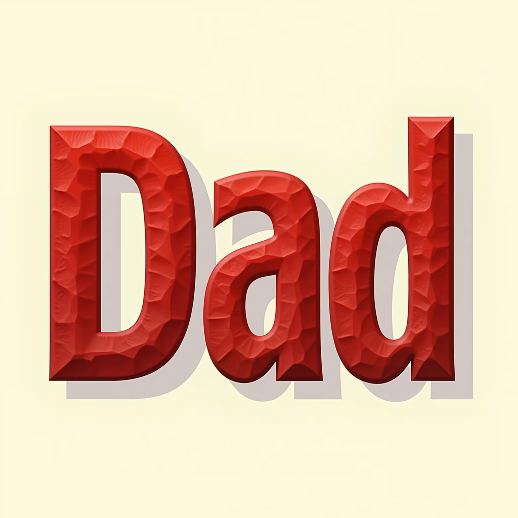 Bold, three-dimensional red letters spelling 'Dad' on a beige background.