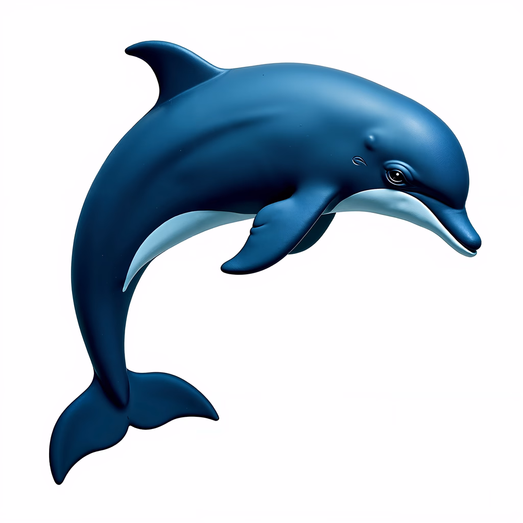 Two graceful dolphins captured in mid-leap, rendered in soft blue tones on a white background.