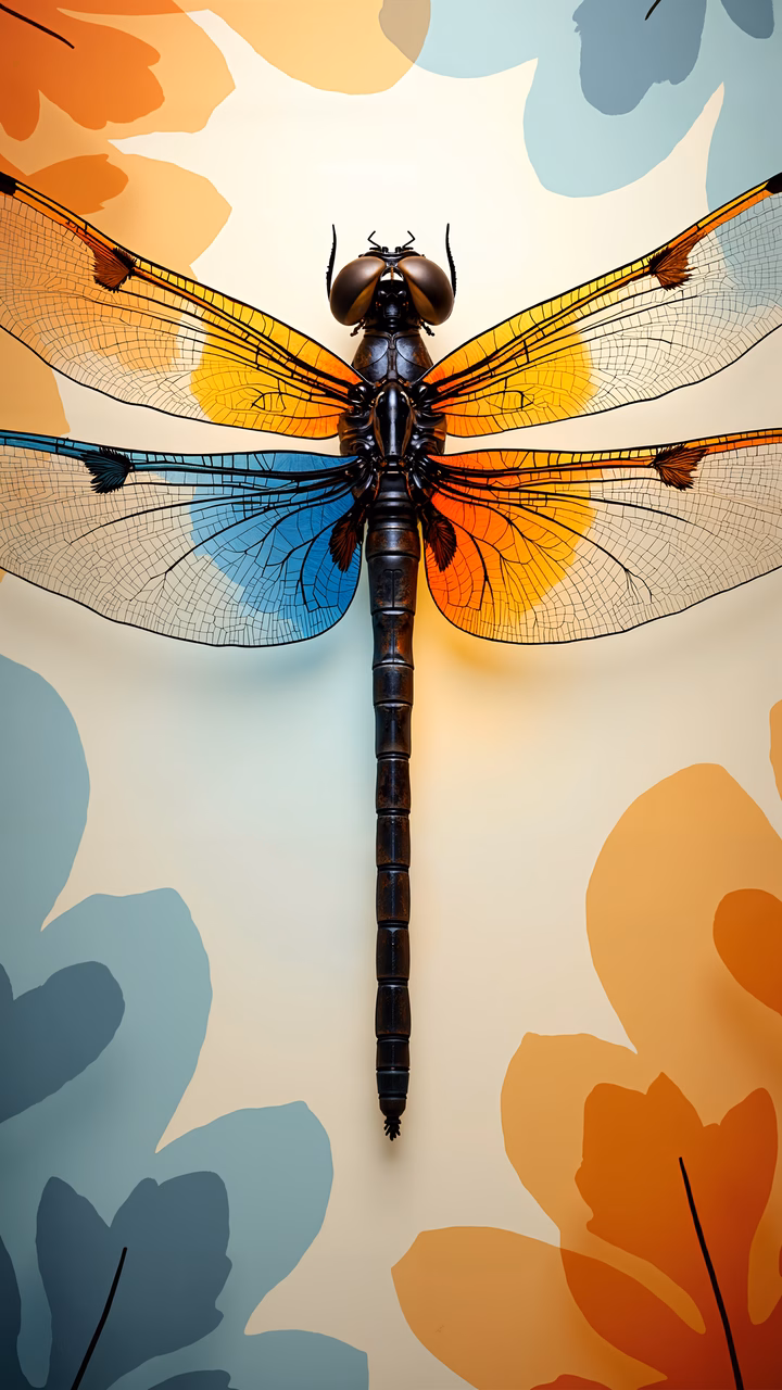 Vibrant dragonfly illustration with intricate wing details and abstract floral background.