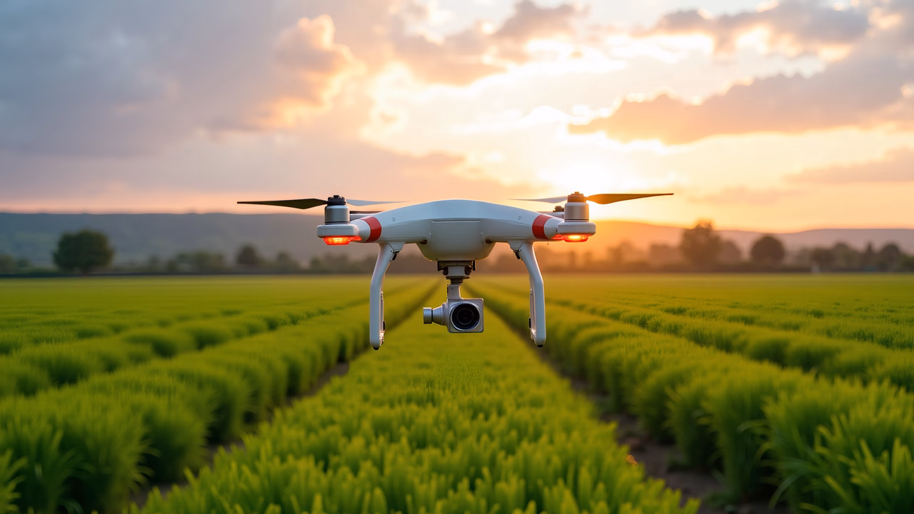 A drone captures the tranquil beauty of a green field under a golden sunset.