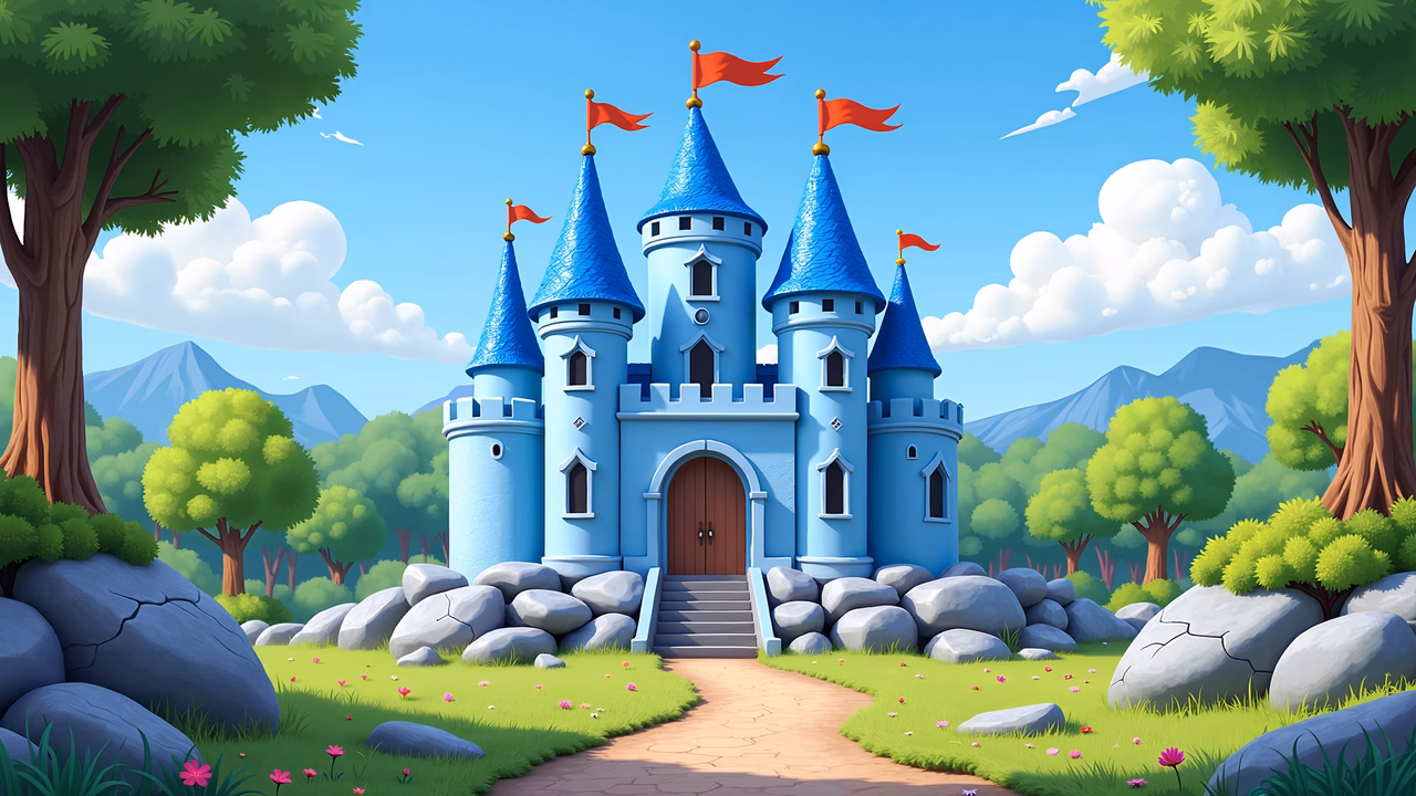 Whimsical fairy tale castle with blue towers and red flags, surrounded by greenery and a bright blue sky.