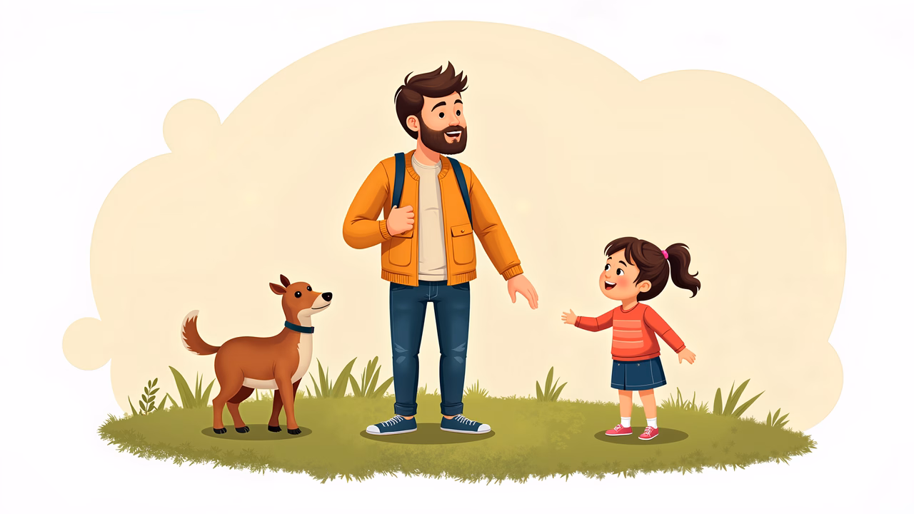 A father and daughter explore nature with a playful fox companion.