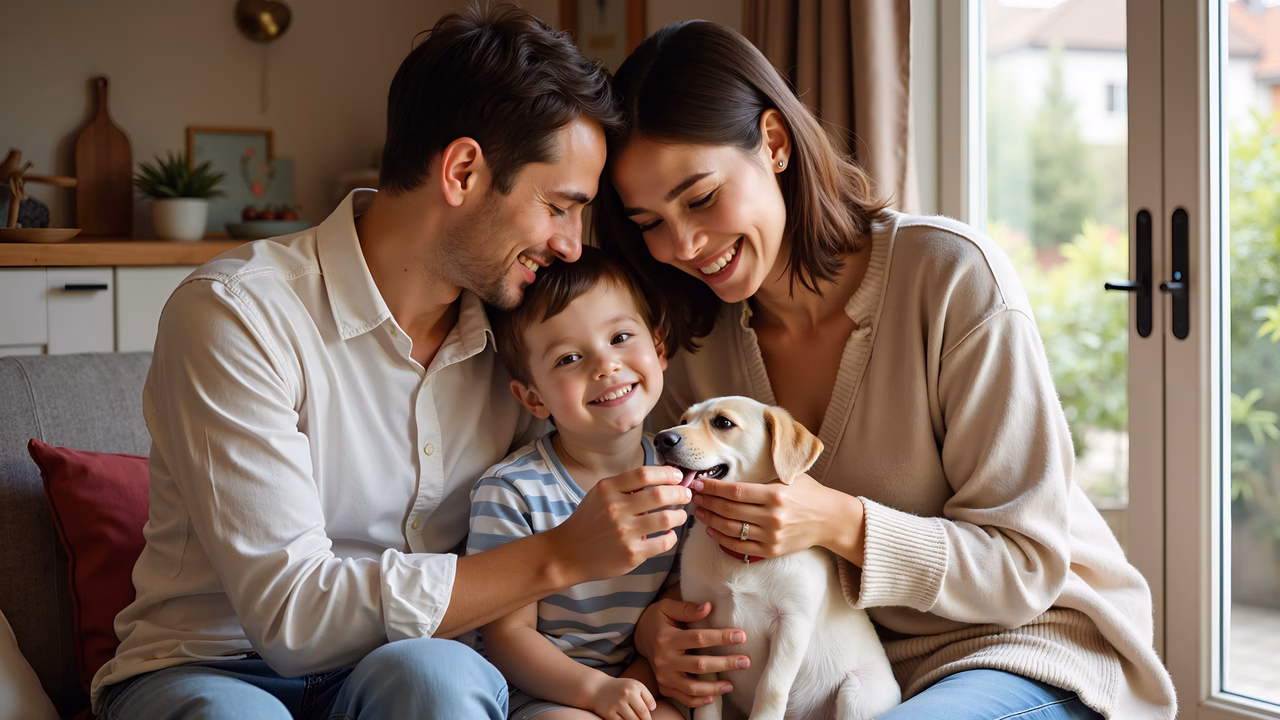 A loving family moment with a puppy, captured in warm, neutral tones.