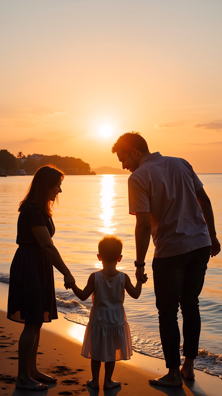 A family holds hands on the beach at sunset, capturing a moment of love and unity.