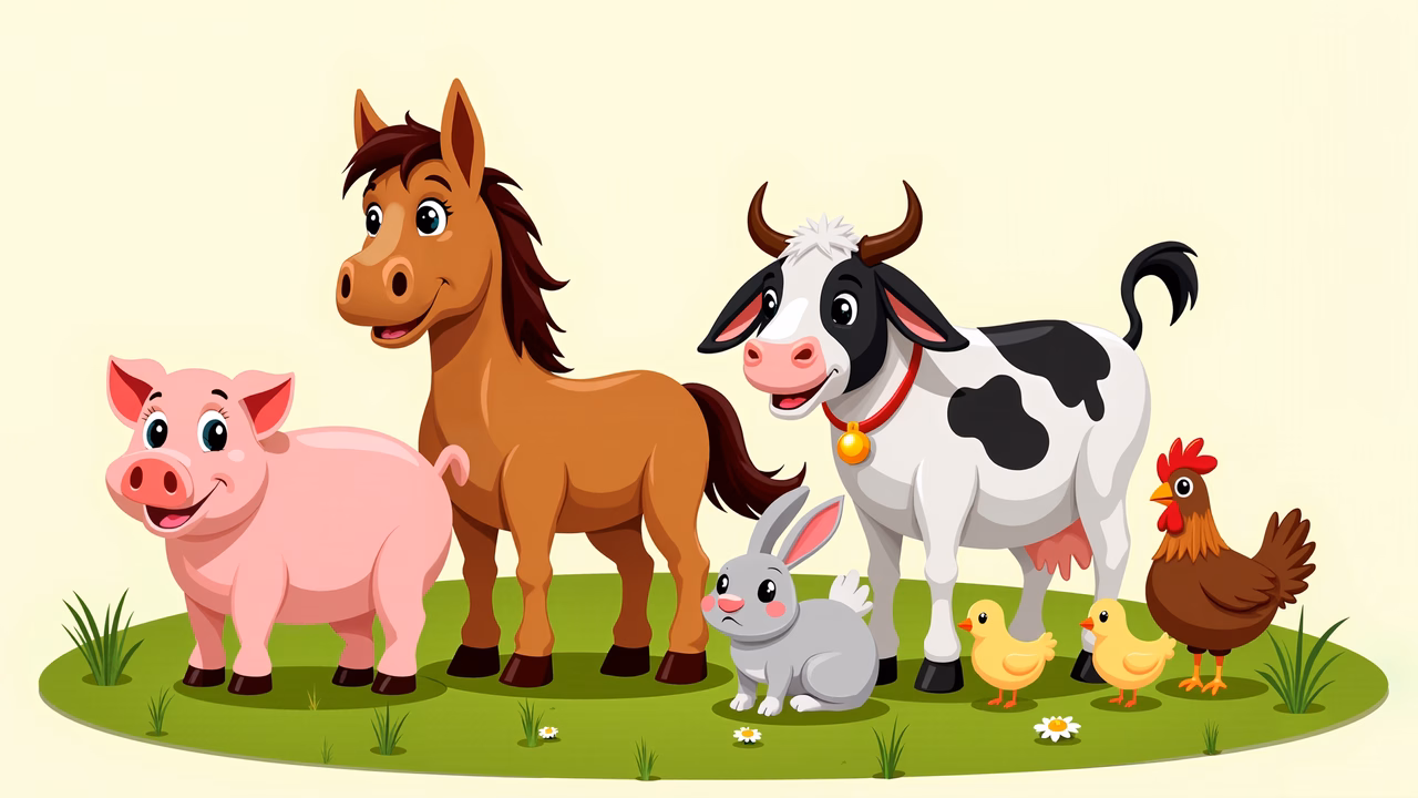 Brightly colored farm animals in a cheerful cartoon style.