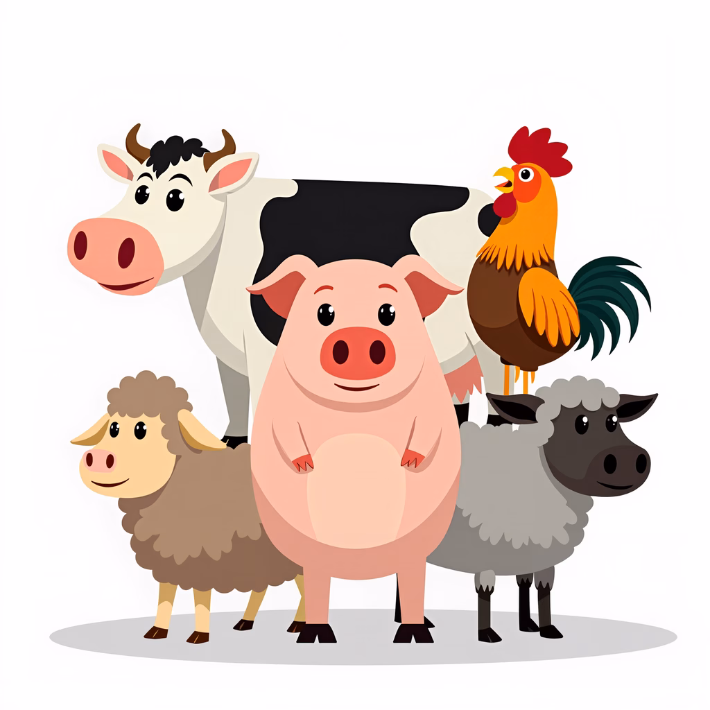 A delightful illustration of farm animals in a playful and colorful style.