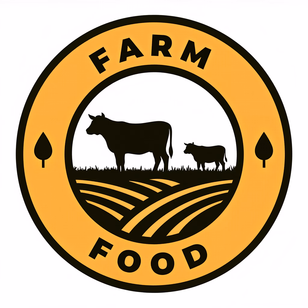 A modern logo featuring black silhouettes of cows on a yellow background, emphasizing farm-to-table food.