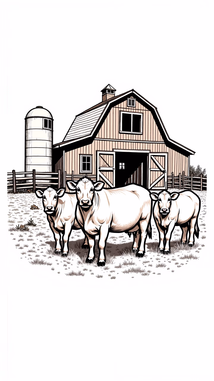 A tranquil farm scene with cows and a barn, perfect for rural-themed decor.