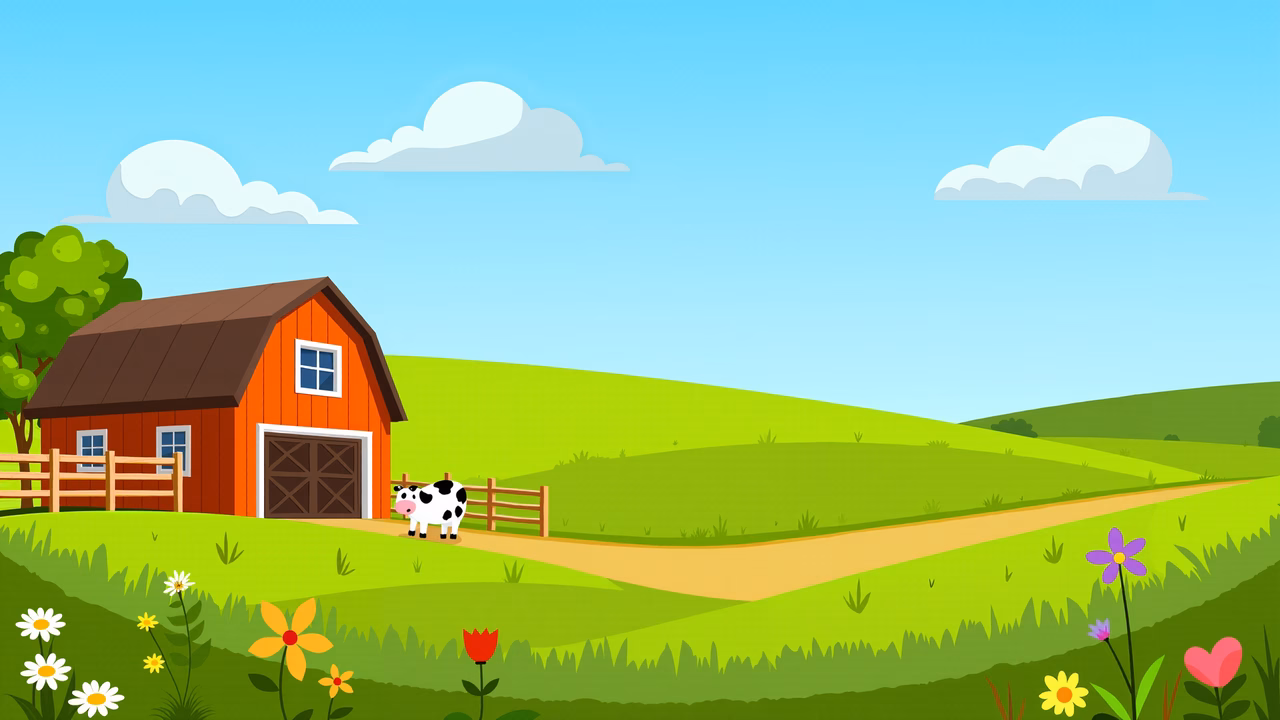 A bright and cheerful farm scene with a red barn and a friendly cow, perfect for children’s art.