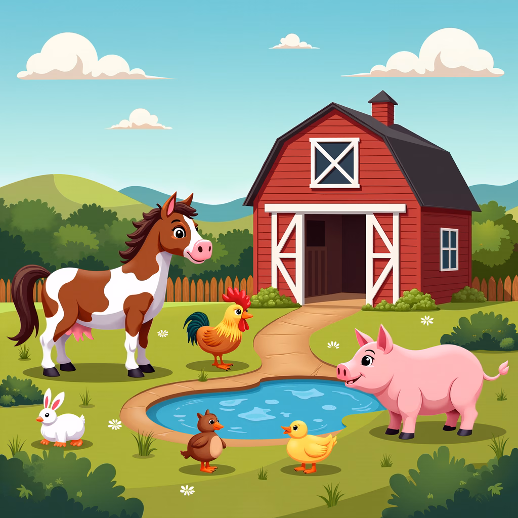 A colorful farmyard scene with friendly animals and a red barn.