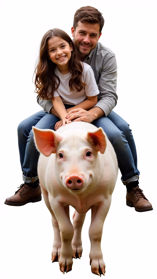 Father and Daughter Riding Pig