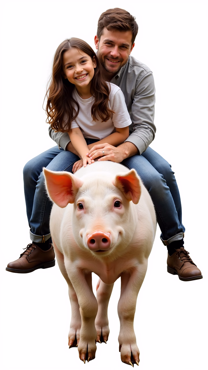 Father and daughter riding a pig, capturing a joyful family moment.