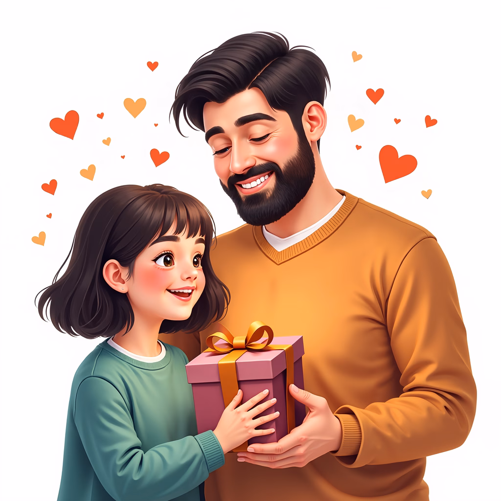 A heartwarming illustration of a father and daughter exchanging gifts, filled with love and joy.