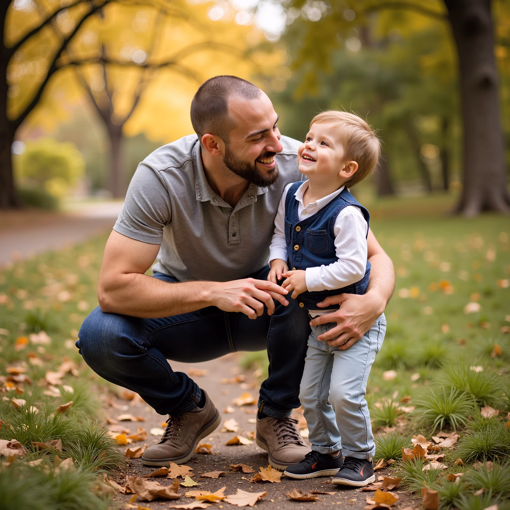 A father and son share a joyful moment in a park during autumn.