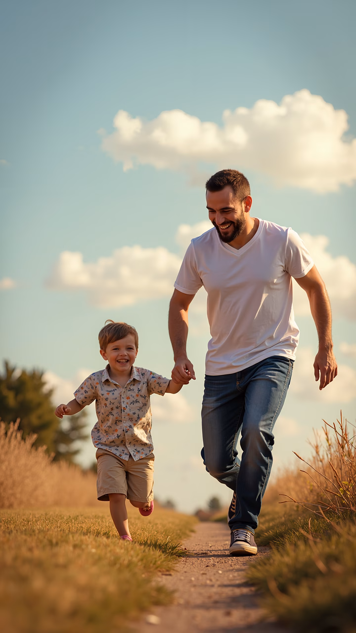 A father and son share a joyful moment running together on a sunny day.