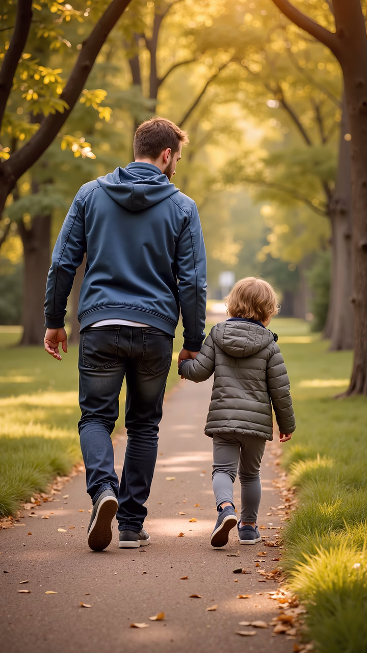 A heartwarming father-son moment in a sunlit park.