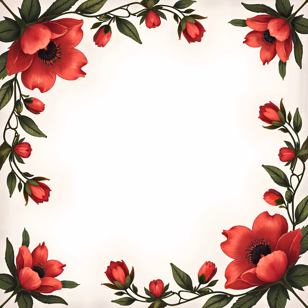 Vibrant floral frame with red poppies and green leaves, celebrating life and nature.