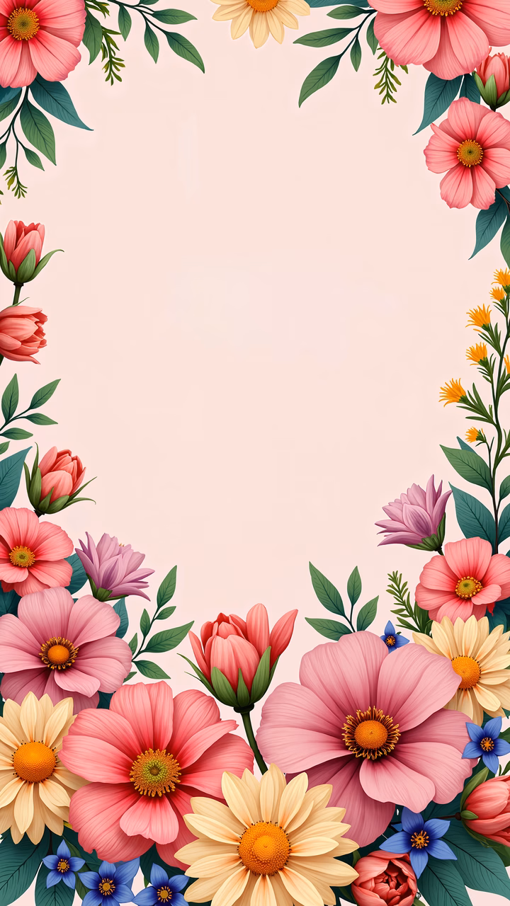 Vibrant floral frame illustration with detailed petals and lush green leaves on a soft pink background.