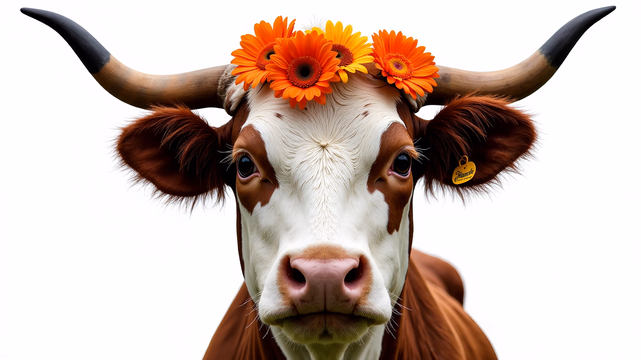 Whimsical cow with flower crown, charming animal art
