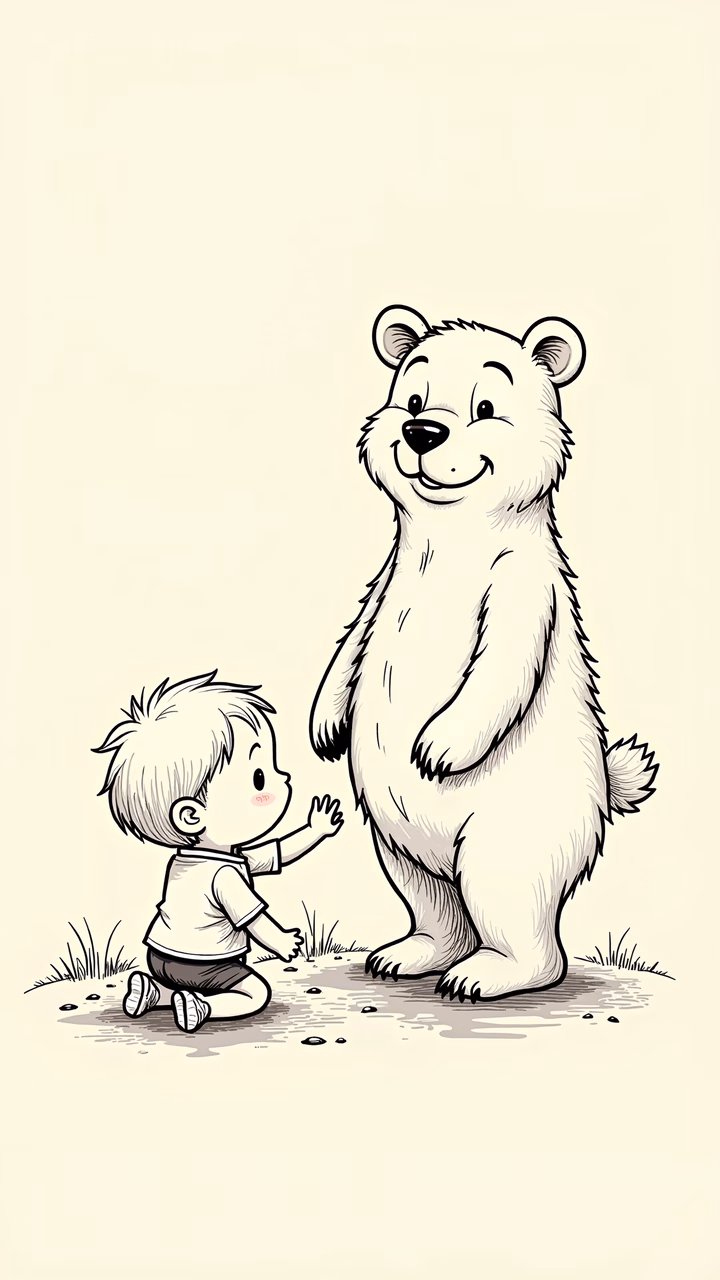A heartwarming illustration of a child and a friendly bear.