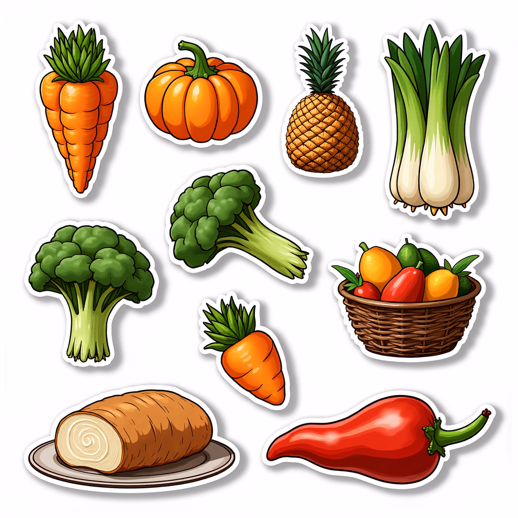 Brightly colored cartoon-style fruits and vegetables illustration