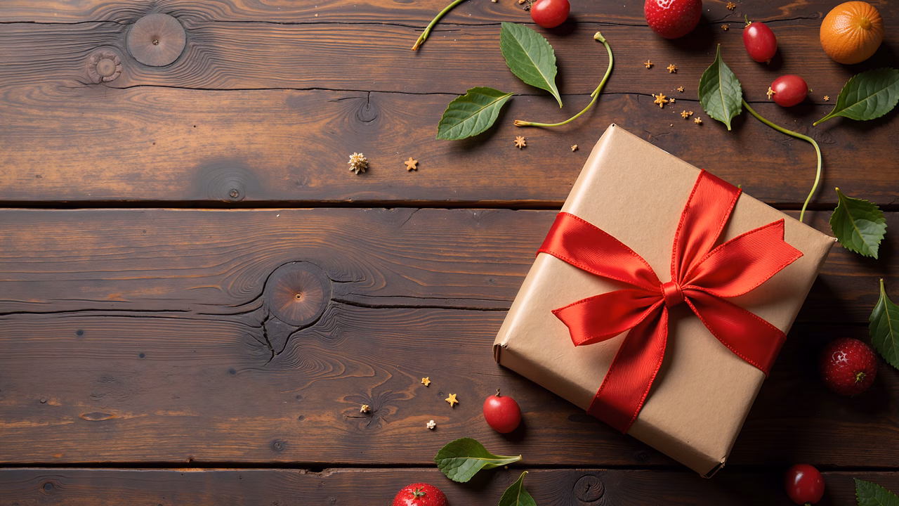 A festive gift box on a wooden table with red berries and green leaves.