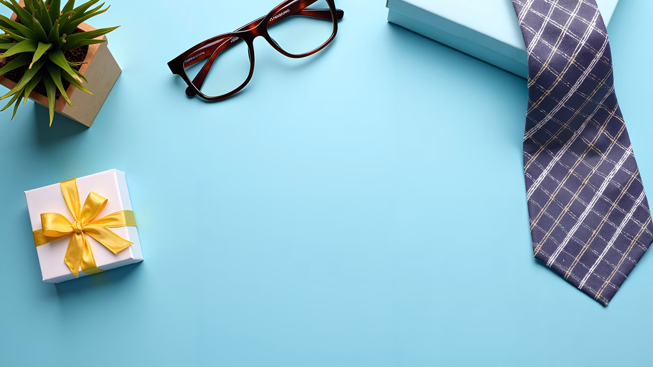 Minimalist still life with gift, glasses, and tie on blue background.