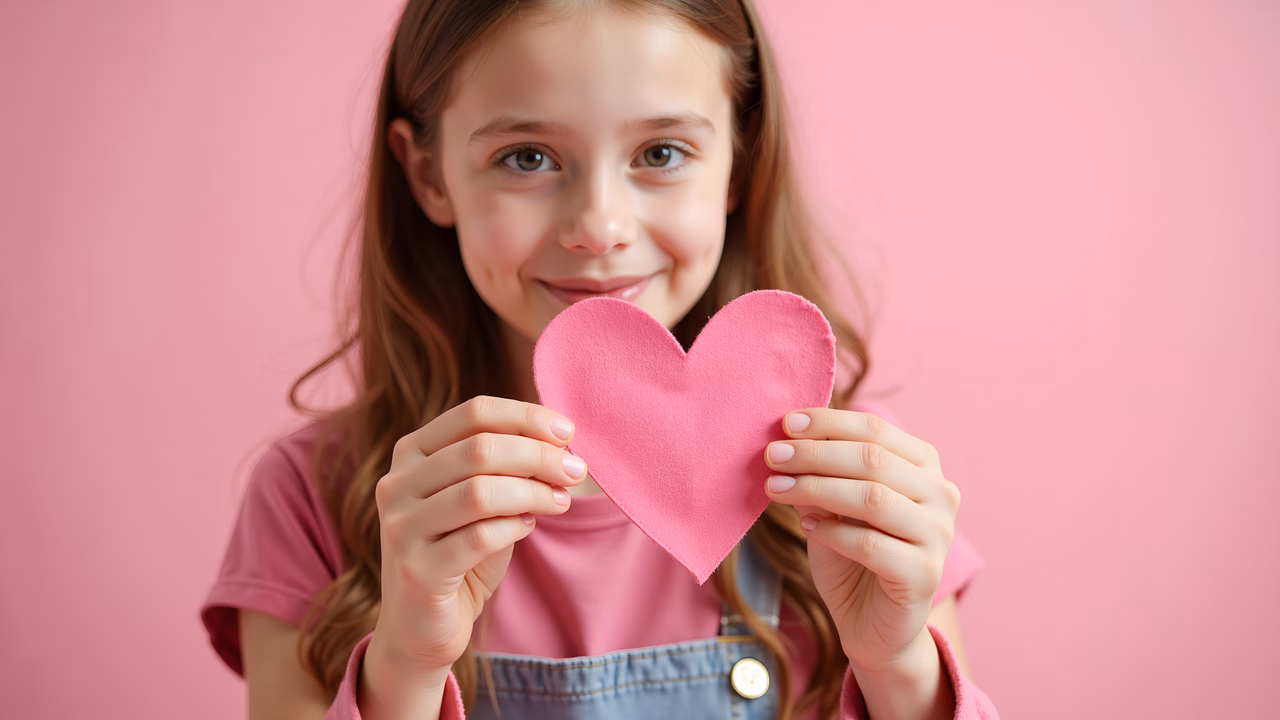 Brightly smiling girl holding a pink heart against a pink backdrop.