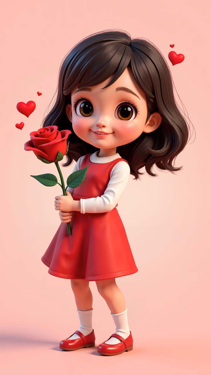 A little girl in a red dress holding a rose, symbolizing love and innocence.