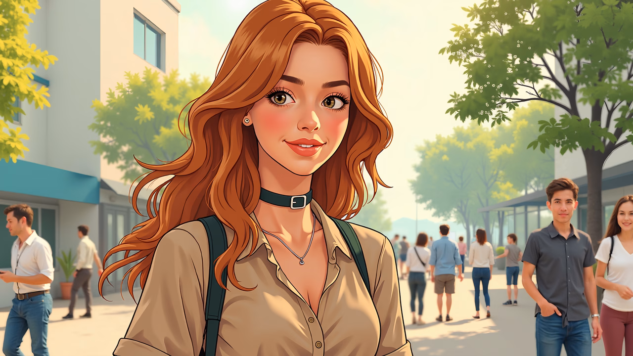 A cheerful girl walking amidst a busy city street under sunny skies.