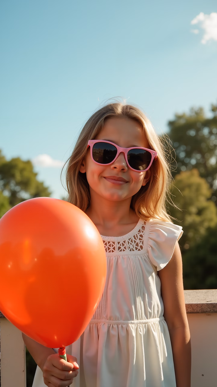 Joyful young girl holding an orange balloon against a sunny backdrop.