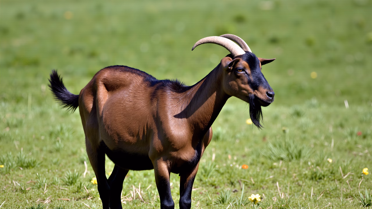 A tranquil moment featuring a goat in a vibrant green pasture under sunny skies.