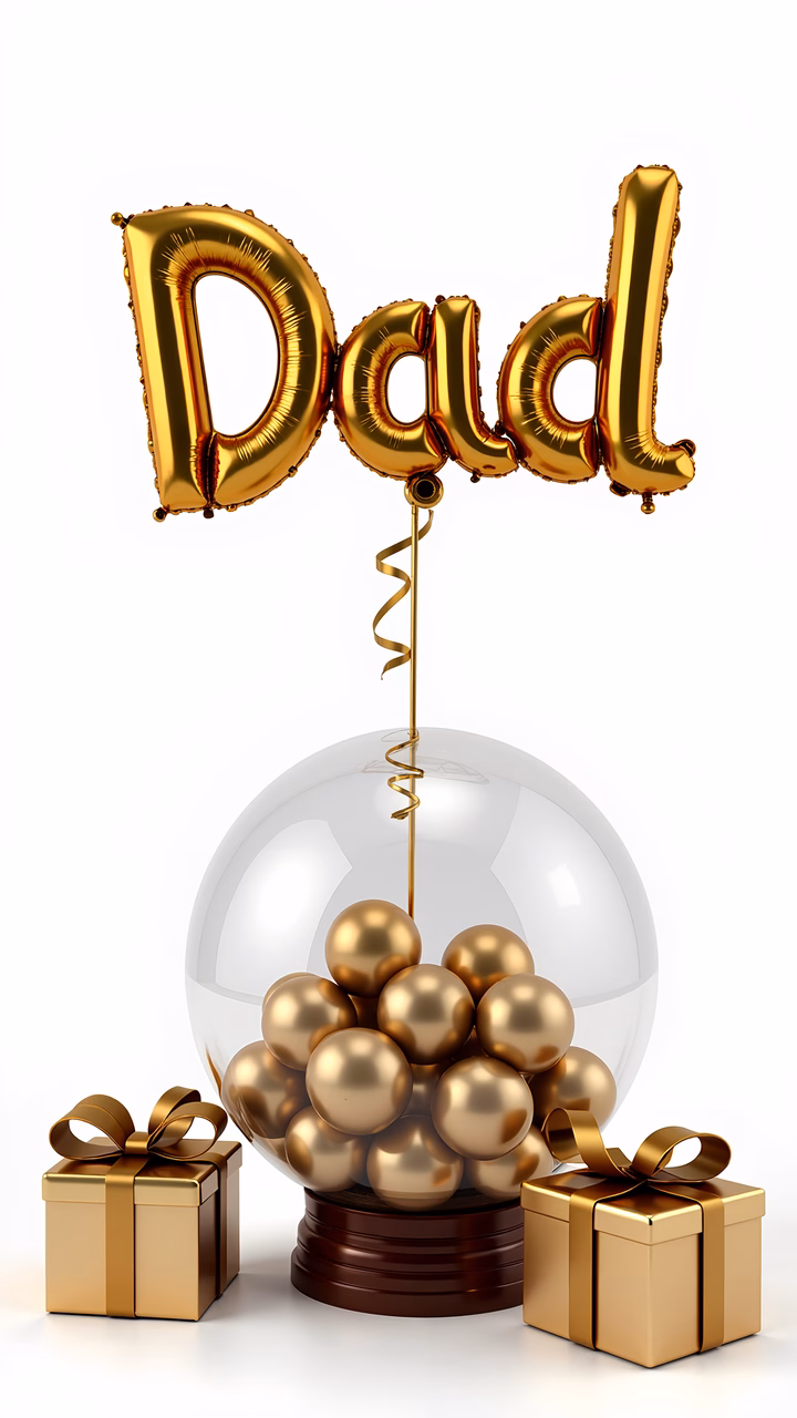 Golden balloons and gifts for Father's Day celebration.