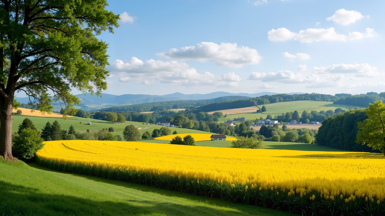 Vibrant yellow fields under a clear blue sky, rural charm, peaceful countryside