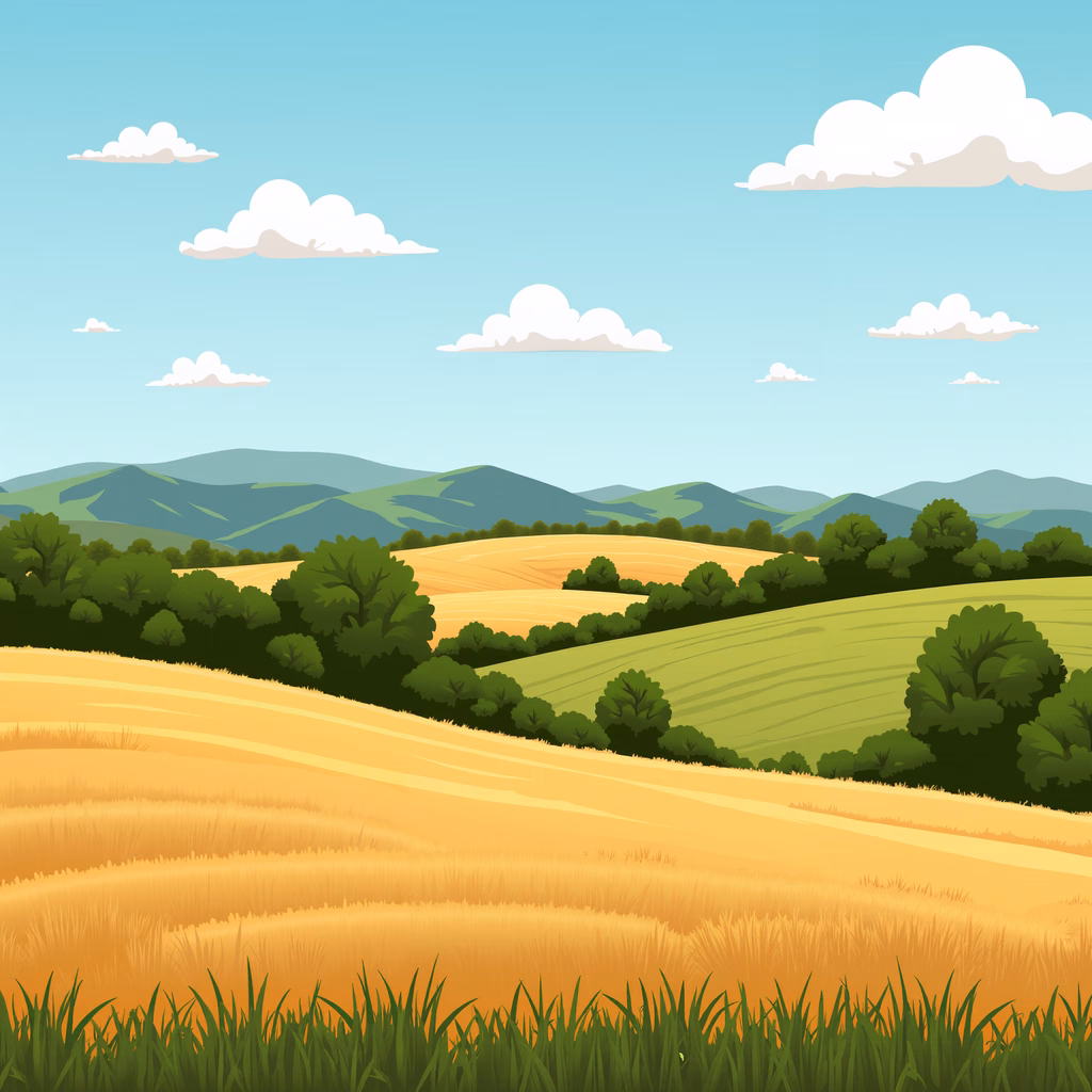 A peaceful rural landscape with golden fields and lush greenery under a clear blue sky.