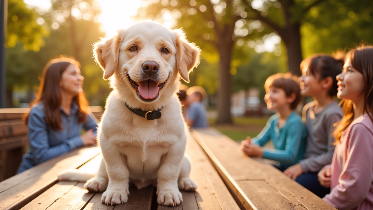 Golden retriever enjoying a sunny day at a picnic table with friends.