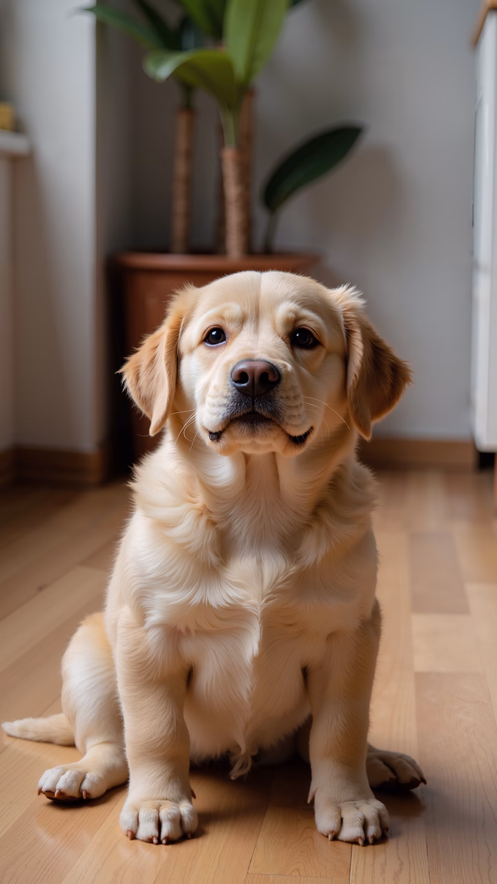 Adorable golden retriever puppy sitting indoors, ready to explore the world!