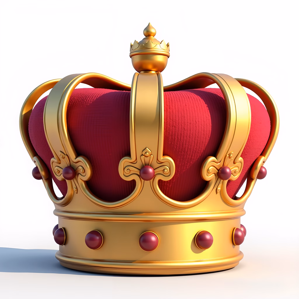 A detailed golden royal crown with red gemstones on a white background.