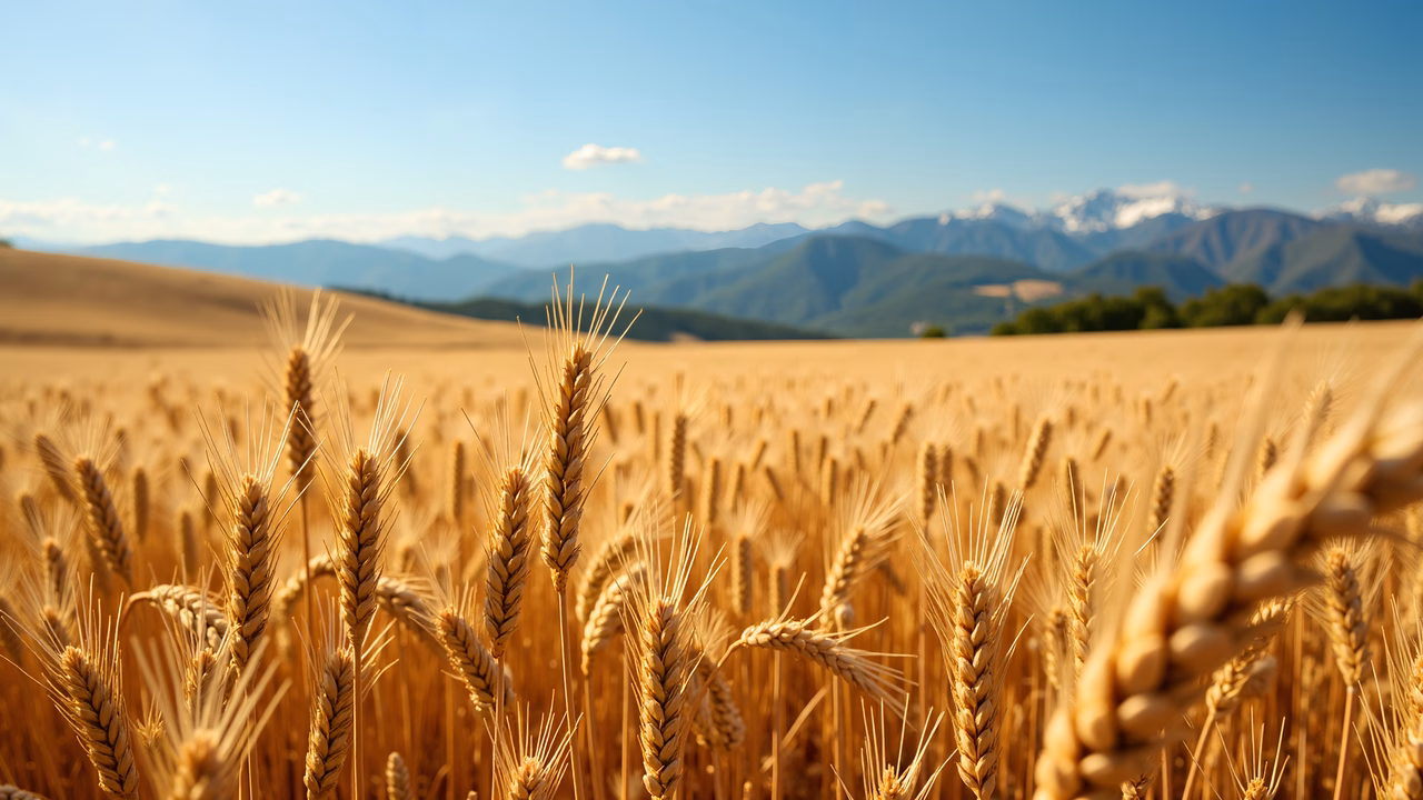 Golden wheat field with rolling hills and mountains in the background.