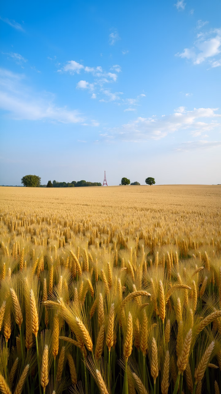 Golden wheat field under a clear blue sky with a red tower in the distance.