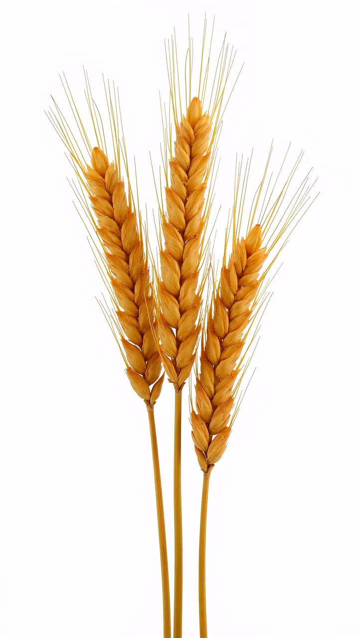 Golden wheat stalks on a white background, symbolizing harvest and abundance.