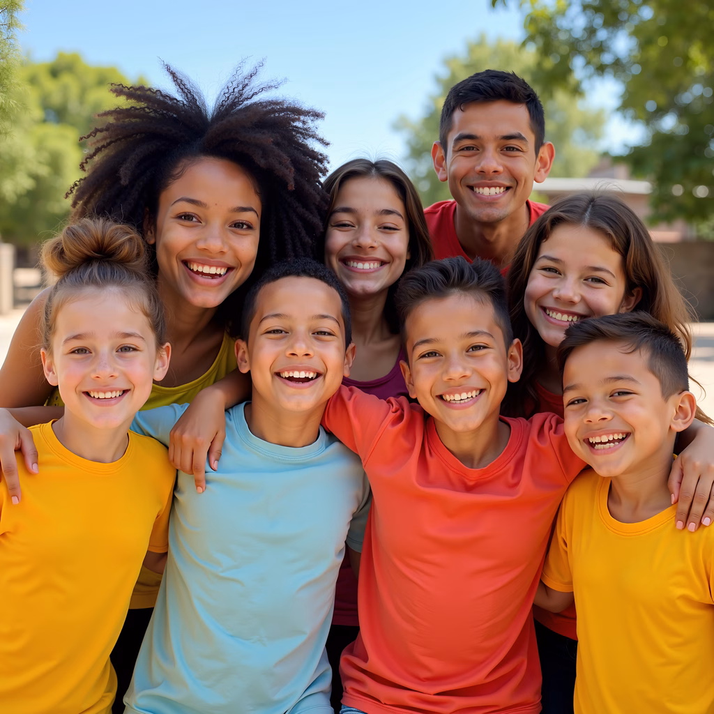 Brightly lit group portrait of children and an adult, showcasing their happiness and connection.