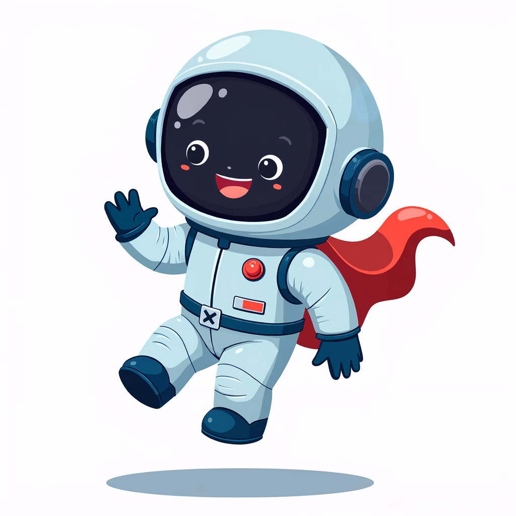 A happy astronaut in a light blue space suit with a red cape, ready for adventure!