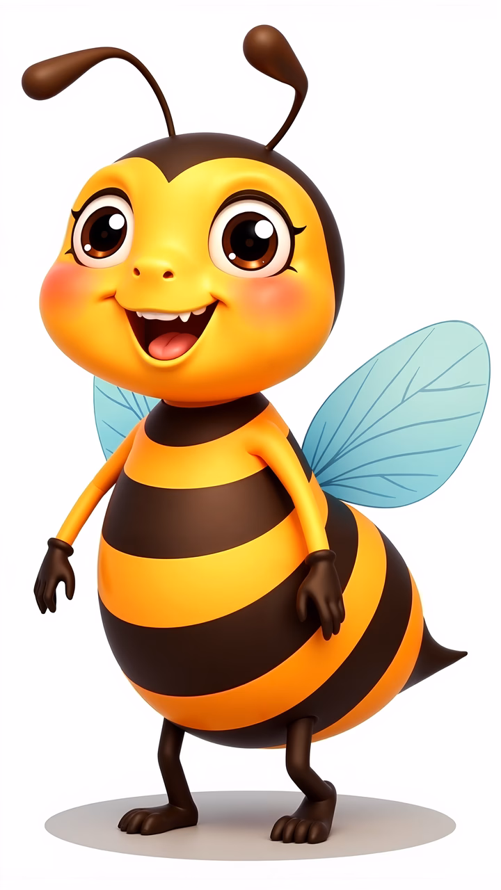 A cute, smiling bee with big eyes and blue wings, perfect for children's art.