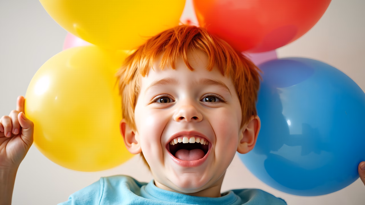 Brightly colored balloons and a happy child celebrating a birthday.