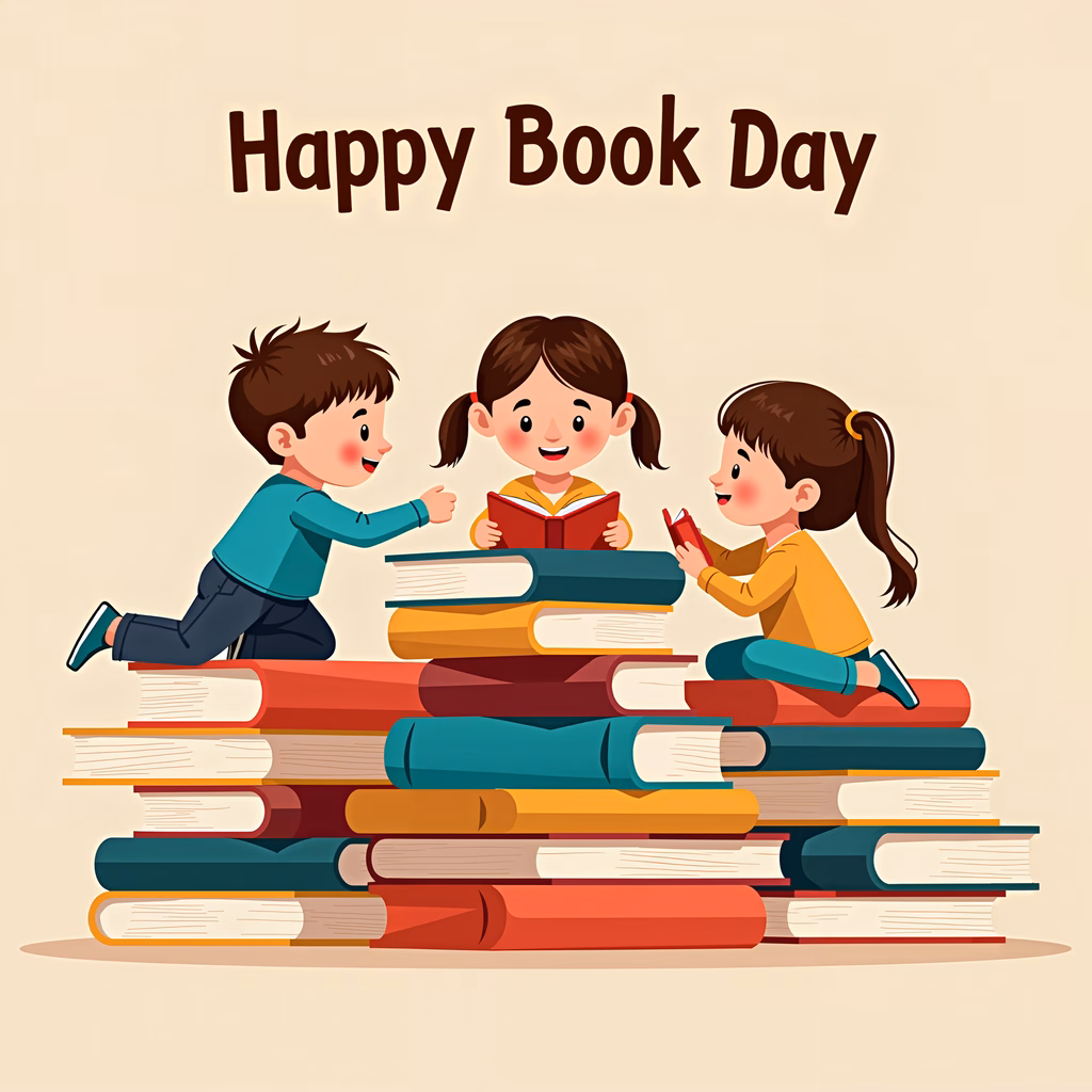 World Book Day celebration with joyful children and colorful books.