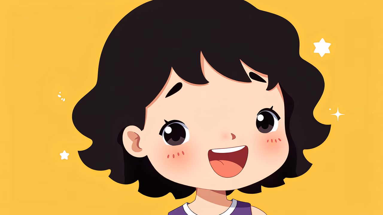 Brightly colored cartoon girl with a big smile and sparkles on a yellow background.