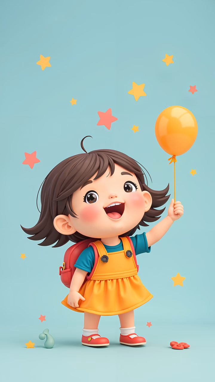 Brightly colored illustration of a joyful child holding a balloon.