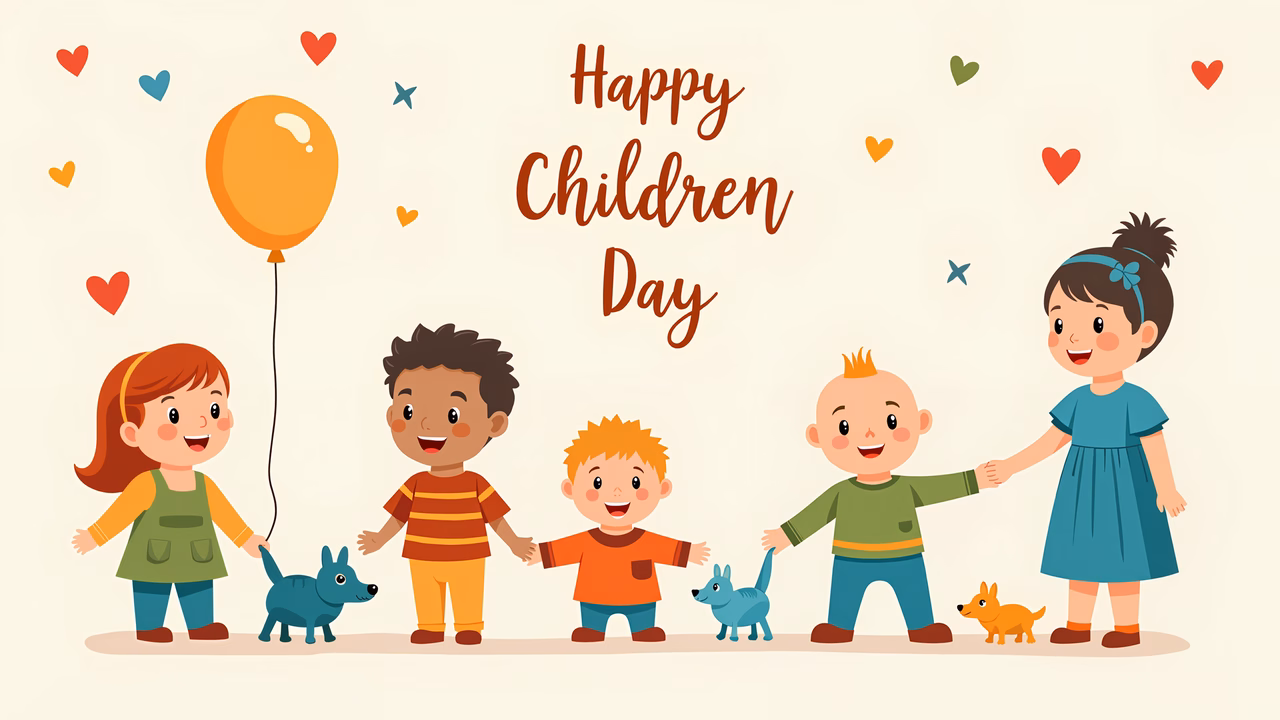 Colorful illustration celebrating children's day with happy kids and playful elements.